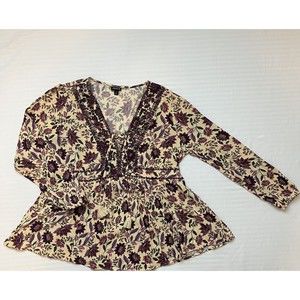 Torrid Tan Maroon Flora Peplum long sleeve Top Sz 2X tassel embroidered neckline